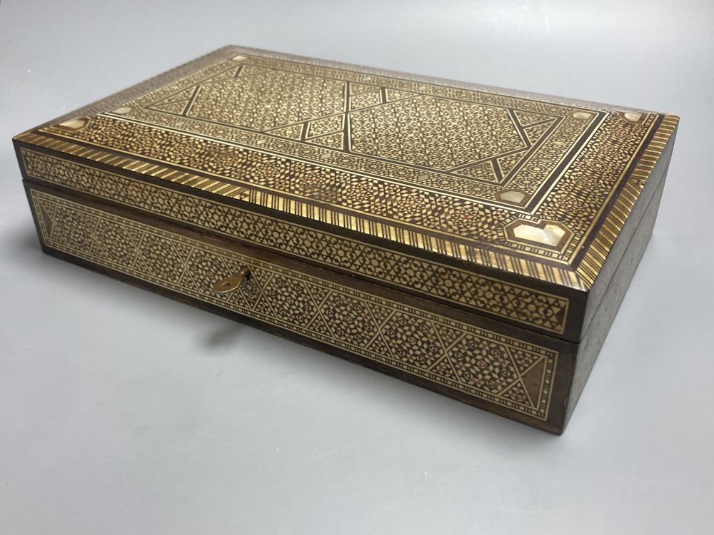 A Middle-Eastern mosaic box inlaid in bone and mother of pearl, 31.5cm and a carved padouk box, 27cm